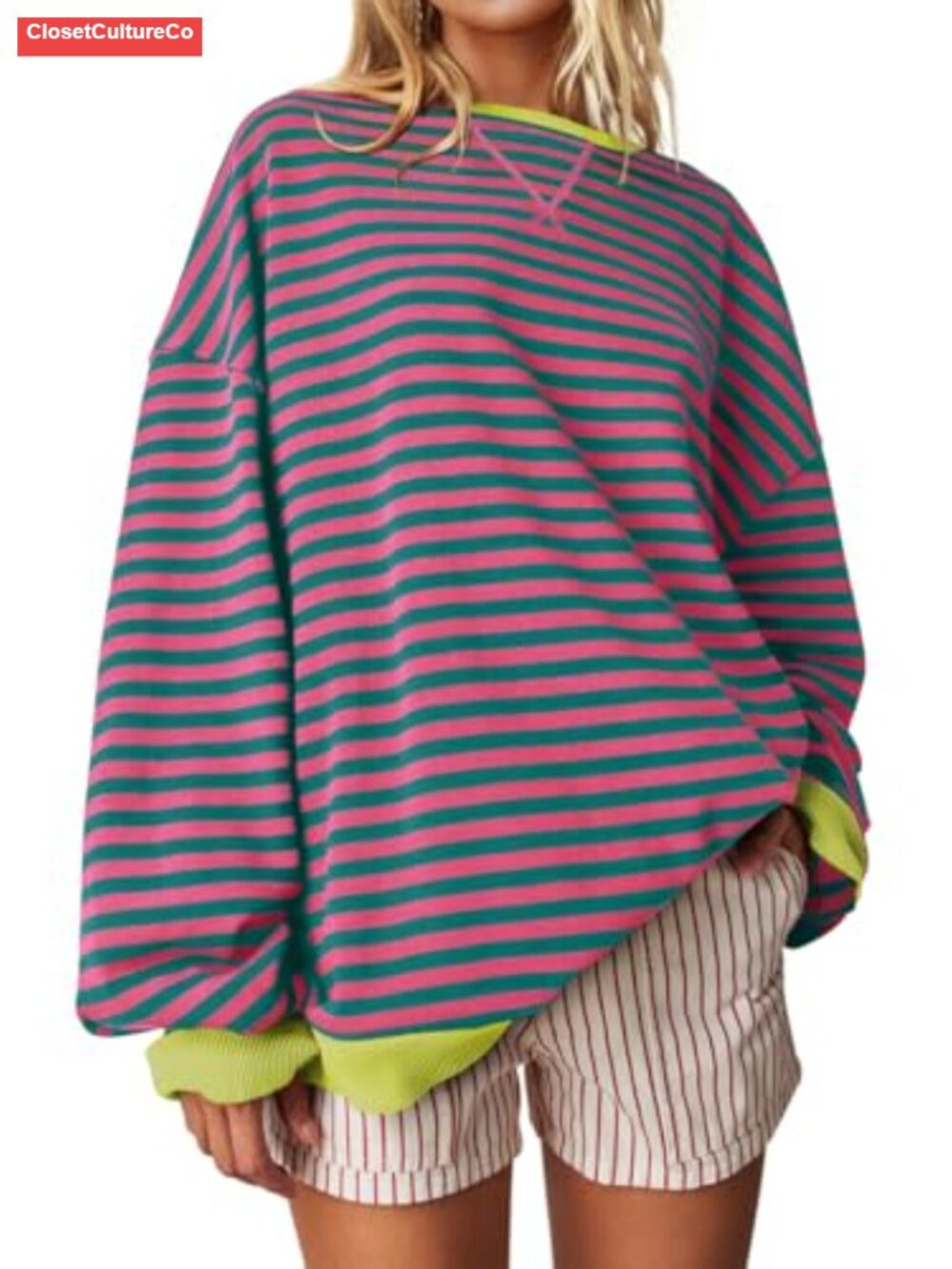 Oversized Striped Crewneck Sweatshirt Long Sleeve Casual Pullover Loose Fit